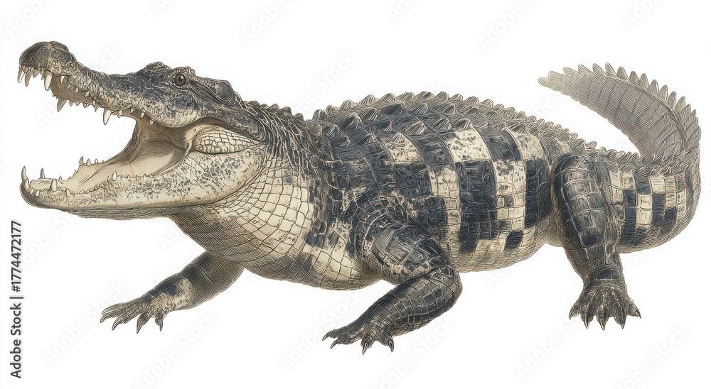 Fototapeta premium A crocodile with its mouth open is shown in a black and white drawing