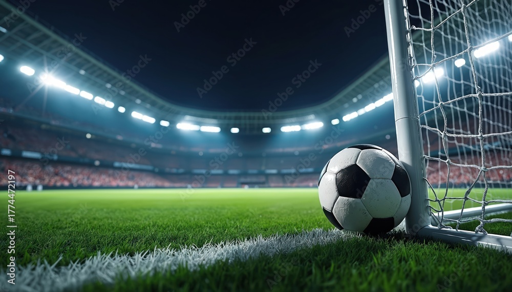 Obraz premium Soccer ball rests near goal net on green grass field in large stadium at night. Bright stadium lights illuminate arena with blurred crowd in background. Game day excitement goal score moment at