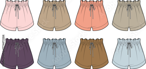 Set of colorful women's paperbag shorts with a ruffled elastic waist. Fashion flat vector illustration template for apparel design and technical sketches