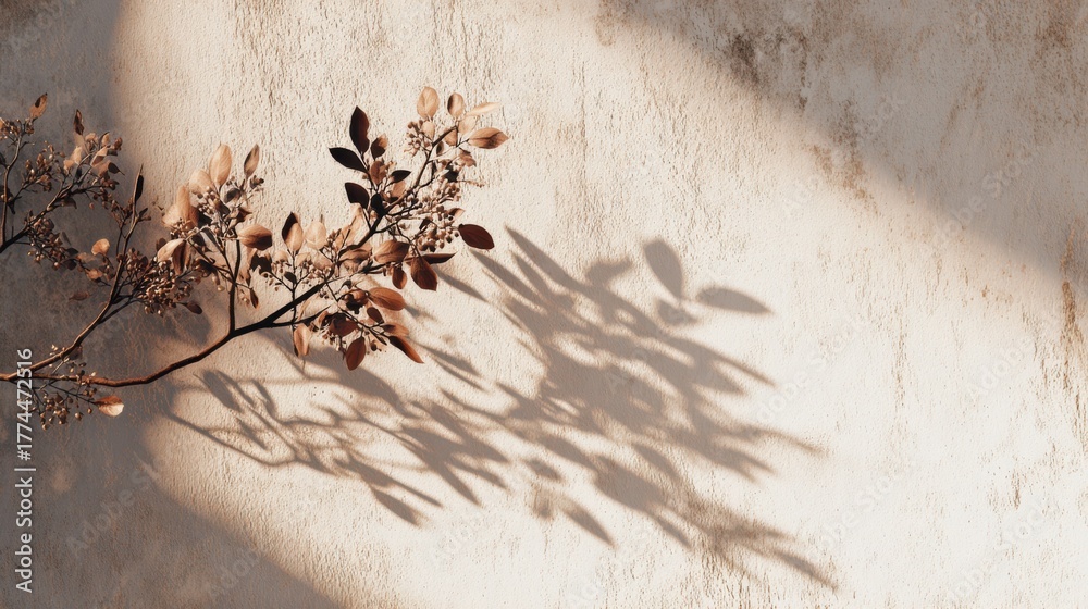 Fototapeta premium Branch with Leaves casting shadow on a rough surface