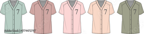 Collection of five short-sleeved baseball-style jerseys in various pastel shades, each featuring a number 7 graphic on the chest