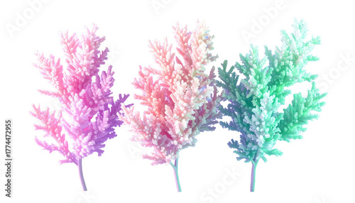 Trio of pastel-colored, fluffy, fern-like foliage on black background, each branch with soft, ethereal, iridescent glow