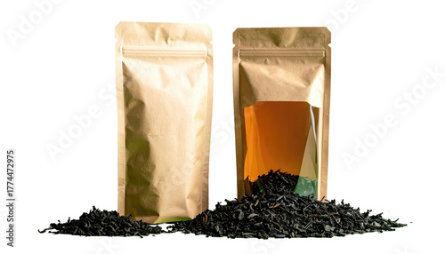 Two kraft paper pouches, one transparent, with tea on a black background, displaying product and natural elements