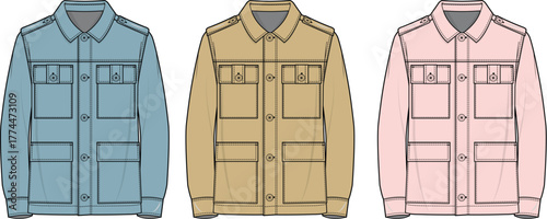 Three lightweight utility jackets in blue, tan, and pink, showcasing multiple chest and waist pockets