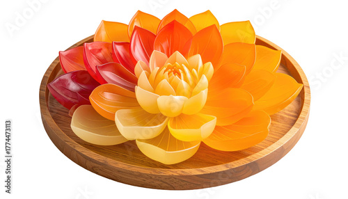 Vibrant flower art Layers of translucent petals in gradients of orange, yellow, and red on wood bowl