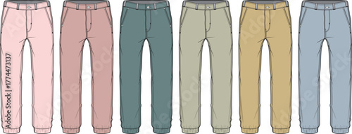 Colorful assortment of casual pants, diverse shades for fashion, design, and apparel concepts