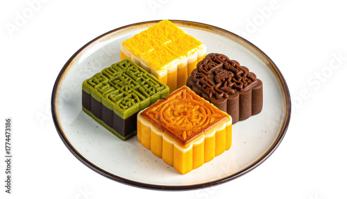 Four diverse, square-shaped mooncakes with intricate designs are arranged on a speckled, circular plate