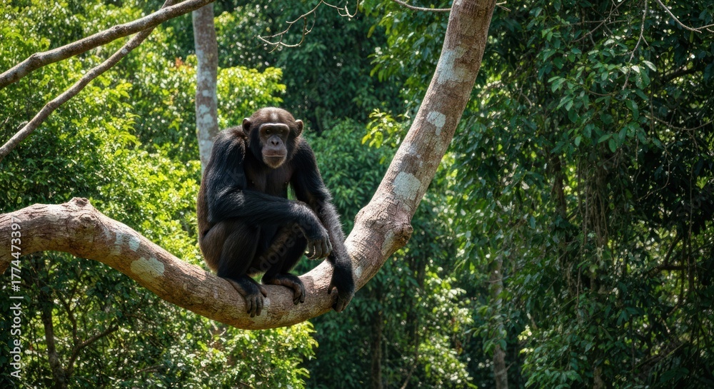 Obraz premium Chimpanzee perched on tree branch in lush green forest, observing
