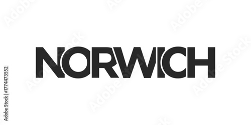 Norwich city in the United Kingdom design features a geometric style illustration with bold typography in a modern font on white background.