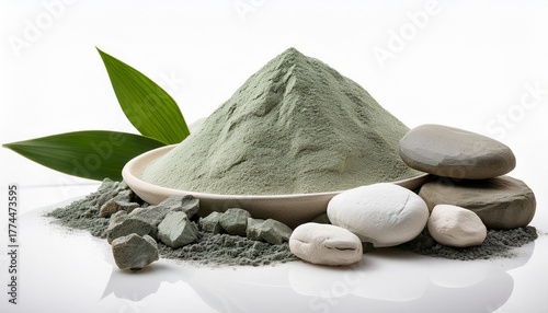 Zeolite Raw Powder And Stones On White Background