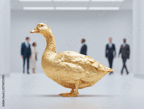 Golden goose amidst blurred business people. Metaphor for rarity, value, and standing out. Ideal for finance, investment, and unique opportunity themes.