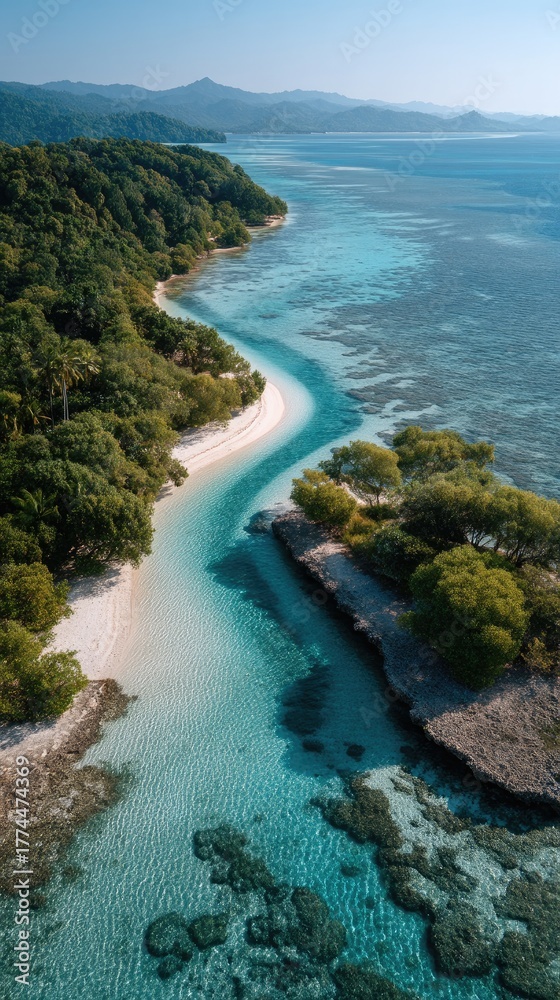 Obraz premium Aerial Drone View of a Serene Tropical Island Coastline With Lush Green Vegetation Crystal Clear Turquoise Water and Underwater Coral Reefs Under Bright Sunlight