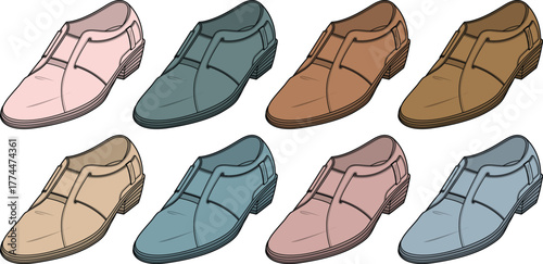 Set of classic leather shoes for men in multiple colors. Vector illustration of footwear fashion isolated on a white background