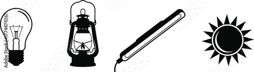 Light sources collection with bulb, lantern, fluorescent lamp, and sun icon black silhouette vector illustration set for design