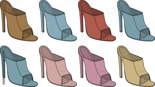A vibrant collection of stylish women's high-heeled open-toe mules in an array of contemporary and earthy tones, perfect for modern fashion statements and versatile wardrobe choices