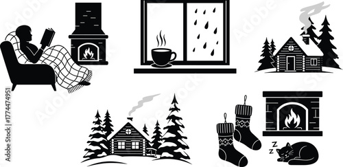 Cozy winter cabin illustration set, fireplace and hot drink silhouettes, warm home comfort, reading, snow pine trees, hygge lifestyle vector