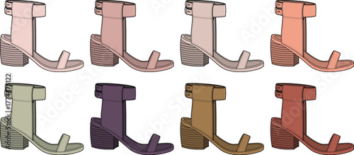 Collection of stylish women's block heel sandals in a vibrant array of colors, featuring elegant ankle straps for modern fashion and versatile everyday wear. Perfect for diverse outfits