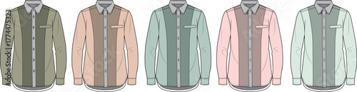 Set of men's long sleeve color-block shirts in different colorways. Fashion flat technical sketch vector templates for apparel design
