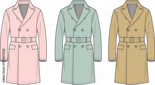Elegant Trench Coat Styles in Pastel Colors Pink, Green, and Beige. Fashionable outerwear for various outfits