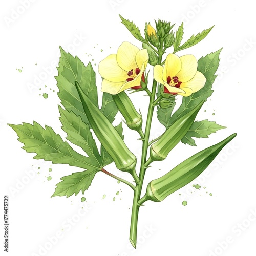 Elegant Watercolor Depiction of Okra Plant Featuring Green Pods, Vibrant Yellow Flowers, and Lush Leaves in a Detailed Botanical Illustration Style