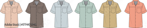 A colorful set of men's casual short-sleeve button-up shirts. Vector fashion flat sketch template for apparel design showcasing different color variations