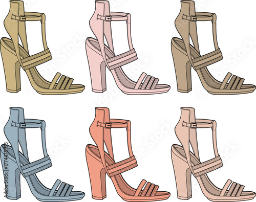 Variety of colorful high-heeled sandals illustrations, perfect for fashion and style projects