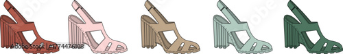 Colorful set of women's fashionable heeled slingback sandals. Collection of retro-style chunky heel shoes in various colors, isolated vector illustration