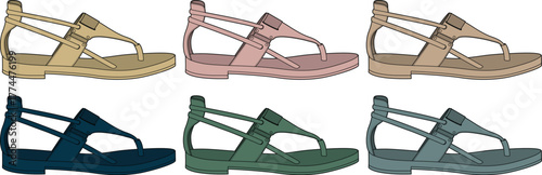 Collection of elegant women's gladiator-style flat sandals in multiple color variations. Fashionable footwear concept for summer style