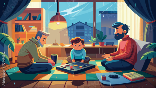 Three generations of family enjoying board game indoors during rainy weather, spending quality time together in a cozy, warmly lit living room