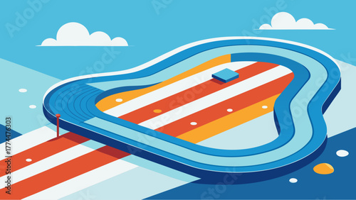 Abstract isometric running track illustration with bold stripes and bright colors, representing sports, movement, and modern athletic design