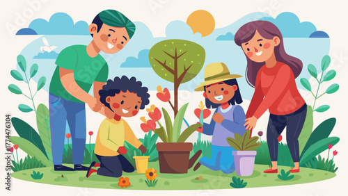 Happy family gardening together under the sun, planting flowers and trees while enjoying outdoor time and teaching kids about nature and responsibility