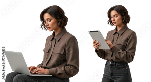 Professional young woman using a laptop computer and digital tablet for business communication. isolated PNG with Transparent Background