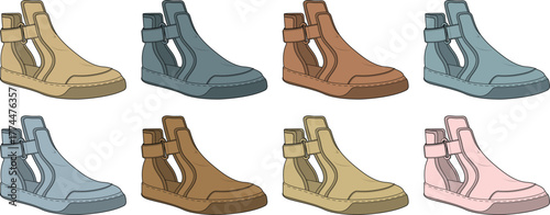 Variety of stylish high-top sneaker icons with adjustable straps for diverse fashion statements