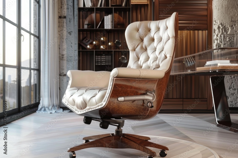 Obraz premium Comfortable leather office chair in a stylish and modern home office, featuring a large window with a city view