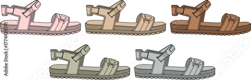 Vector set of comfortable outdoor walking sandals with adjustable straps. Summer footwear collection in various muted earth tone colors isolated on white