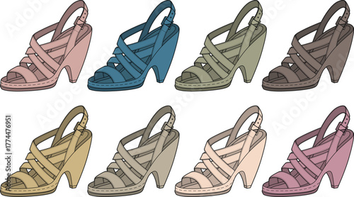 Set of fashionable women's sandals in a variety of muted pastel and earthy tones, presented as individual graphic illustrations