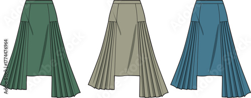 Set of women's asymmetrical pleated midi skirts in different colors, fashion technical flat sketch vector template
