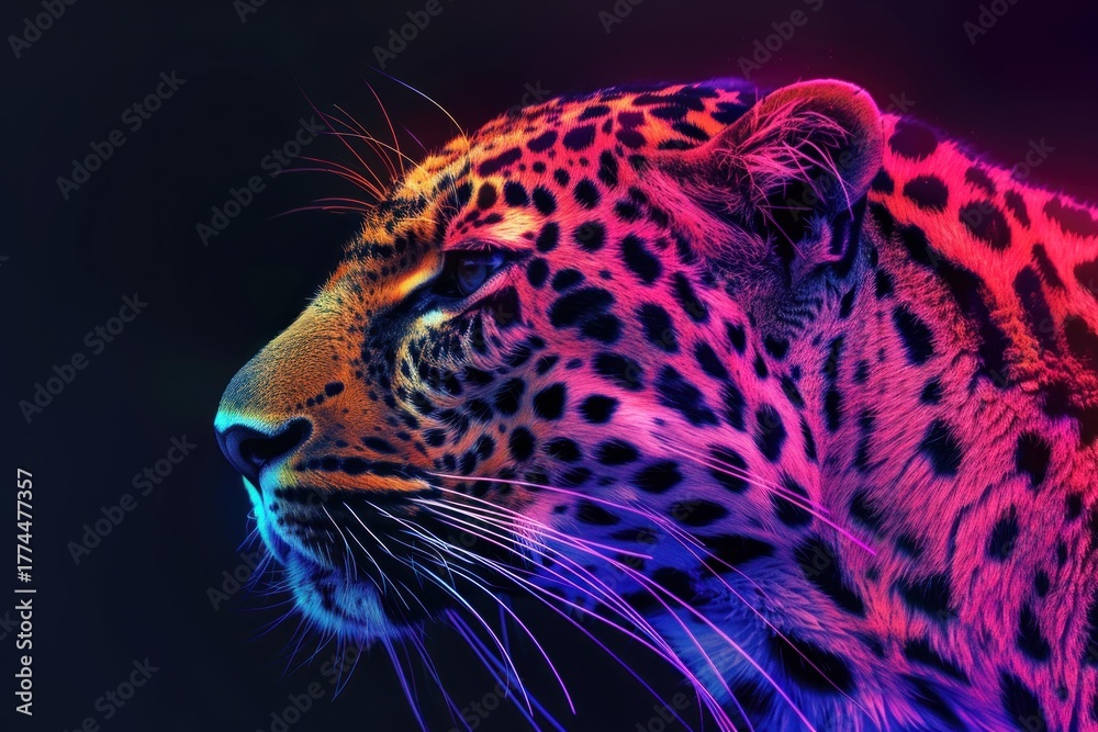 Obraz premium Vibrant neon colors illuminate a leopard's face, highlighting its powerful presence and intricate coat pattern