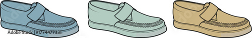 Three casual shoes in light blue, teal, and tan with Velcro straps for easy wear and comfort
