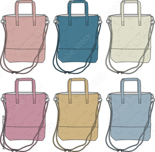 Collection of contemporary women's fashion flats showcasing a stylish asymmetrical wrap jacket with a cinched tie-waist detail, presented in various earthy color palettes for apparel design concepts