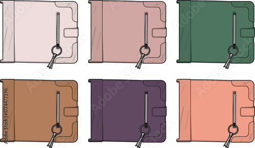 Collection of six open wallets, each with a small key attached by a silver ring