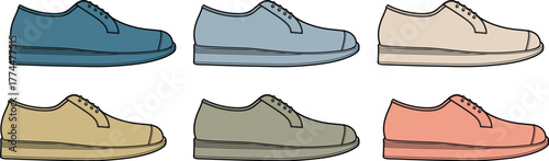 A vibrant collection of fashionable casual shoes in a variety of colors, illustrated as modern vector graphics perfect for lifestyle, apparel, and retail design projects