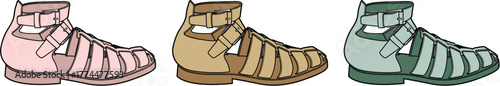 Three Gladiator Sandals in Different Shades Pink, Tan, and Green