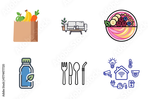 Modern Lifestyle and Smart Home Icons: Healthy Food, Home Decor, and Technology Collection