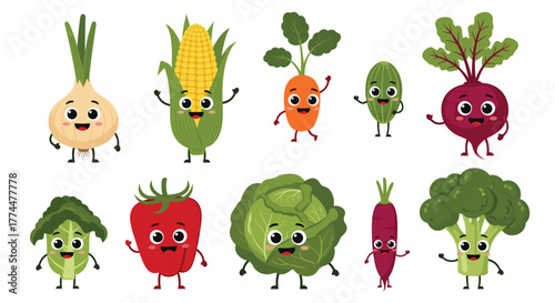 Cute collection of cartoon vegetables with happy faces on a white background.