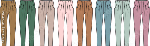 Vector collection of women's casual jogger pants with elastic waistband. Fashion flat technical drawing template in a variety of color options