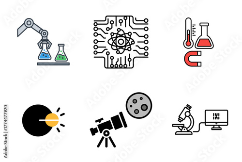 Science and Technology Research Icons Set - Lab Experiment, Robotics, Astronomy, Physics, Digital Innovation