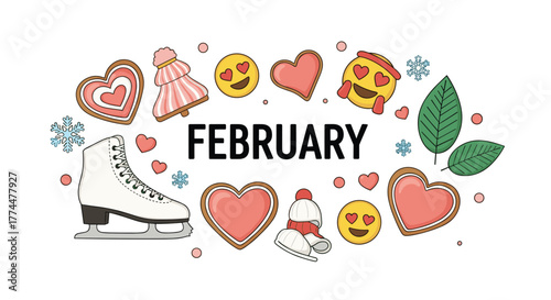 February decorations with ice skate, hearts, snowflakes, and emojis.