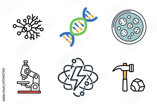Science Icons Set: Biology, Chemistry, Physics, Geology, Medical Research & Laboratory Tools. Vector Illustration Collection for Education and Discovery.
