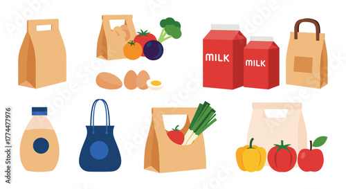 Collection of groceries and reusable bags for shopping and healthy eating.